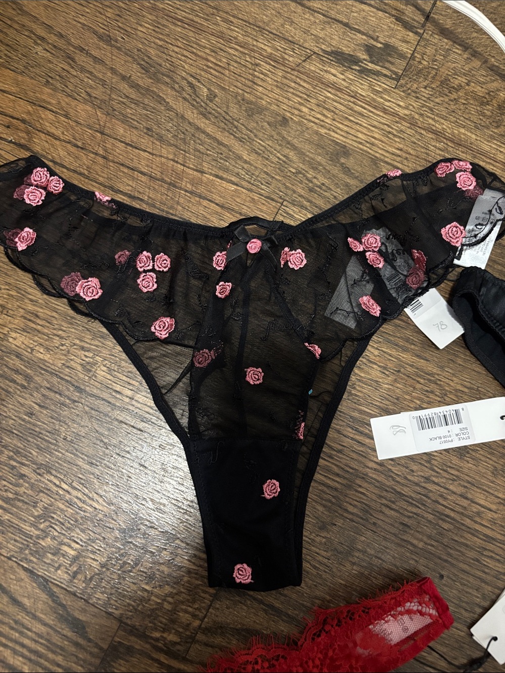 Women’s Lace & Satin Bikini Panty Set - Black with Pink Embroidery & Red Lace - Picture 4 of 6